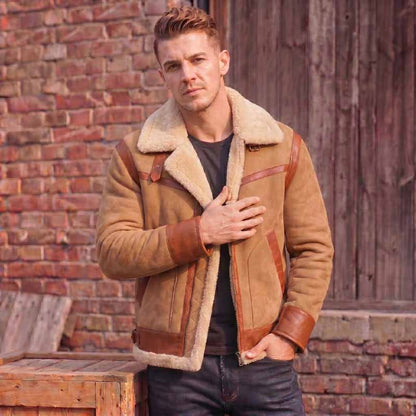 Men's winter shearling leather jacket with tan brown leather panel detailing by 3AMOTO