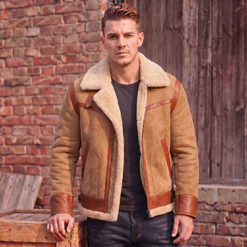 Men's tan brown shearling aviator leather jacket by 3AMOTO