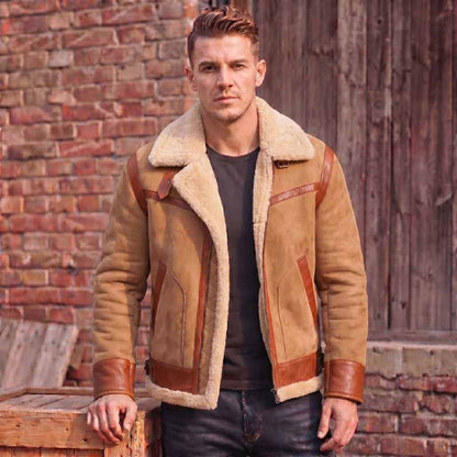Men's tan brown shearling aviator leather jacket by 3AMOTO