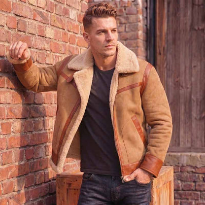Tan leather flight jacket for men with cream shearling collar