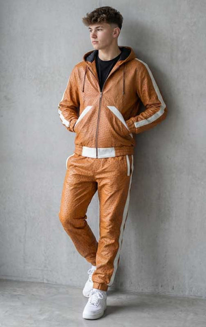 Men’s Tan Sheepskin Leather Hooded Tracksuit Set
