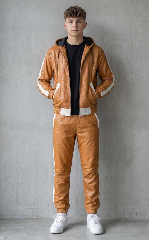 Men’s Tan Sheepskin Leather Hooded Tracksuit Set