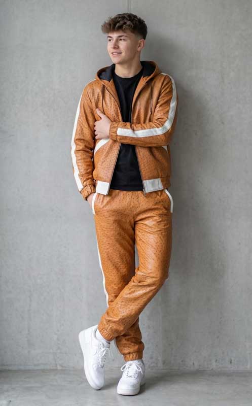 Men’s Tan Sheepskin Leather Hooded Tracksuit Set