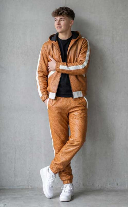 Men’s Tan Sheepskin Leather Hooded Tracksuit Set