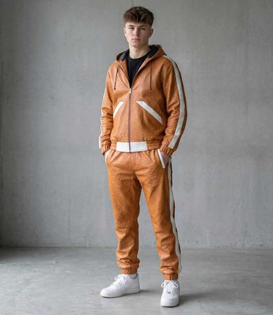 Men’s Tan Sheepskin Leather Hooded Tracksuit Set - 3amoto shop