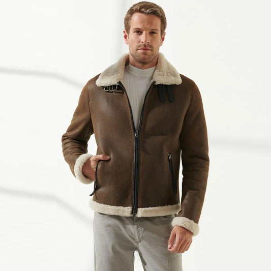 Men's Tan & Off-White Aviator Shearling Jacket - Fashion Leather Jackets USA - 3AMOTO