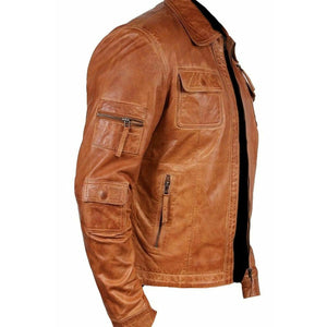 Men's Tan Waxed Lambskin Leather Moto Jacket