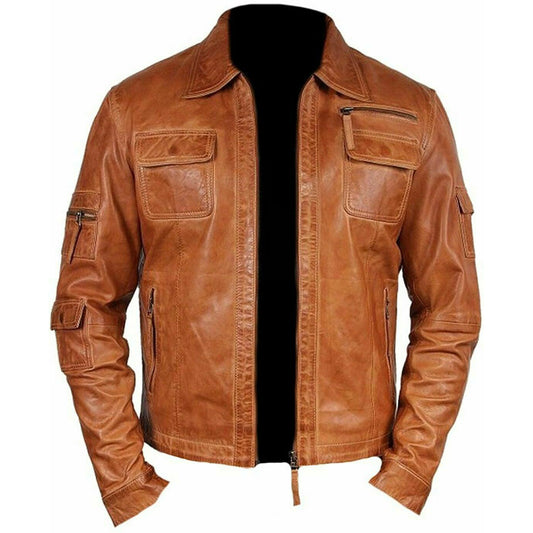 Men's Tan Waxed Lambskin Leather Moto Jacket - Fashion Leather Jackets USA - 3AMOTO