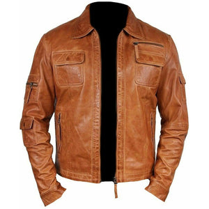 Men's Tan Waxed Lambskin Leather Moto Jacket