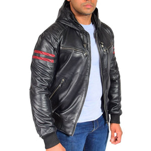 Men's Trendy Black Lambskin Leather Hoody Bomber Jacket