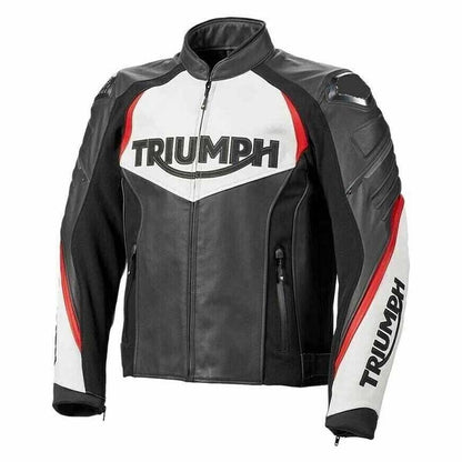 Triumph-inspired leather motorcycle racing jacket with protective armor.