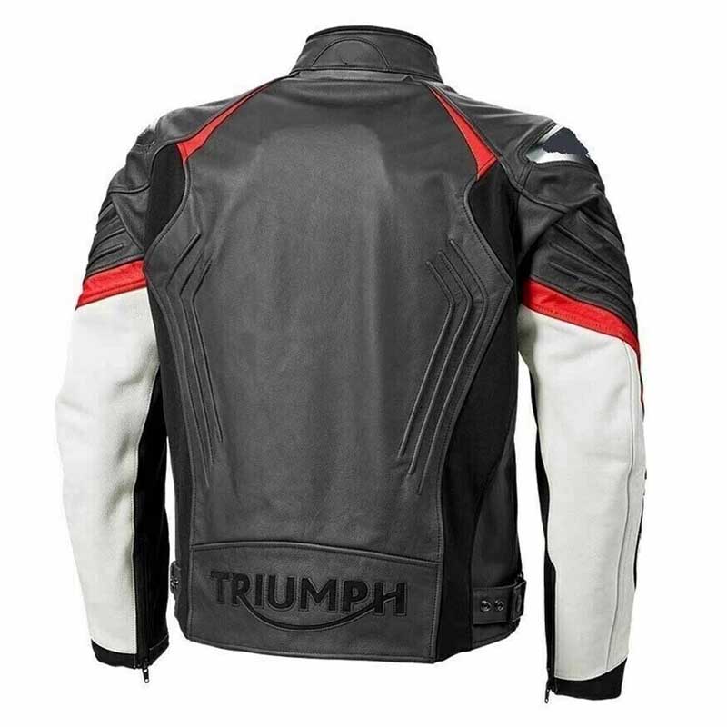 Men's Triumph racing-style leather jacket featuring technical stitching and biker details.