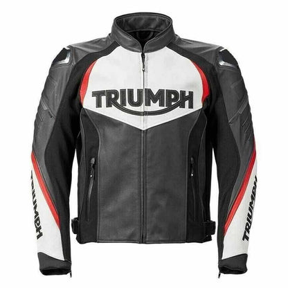 Men's Triumph racing leather biker jacket with top-grain genuine leather construction.