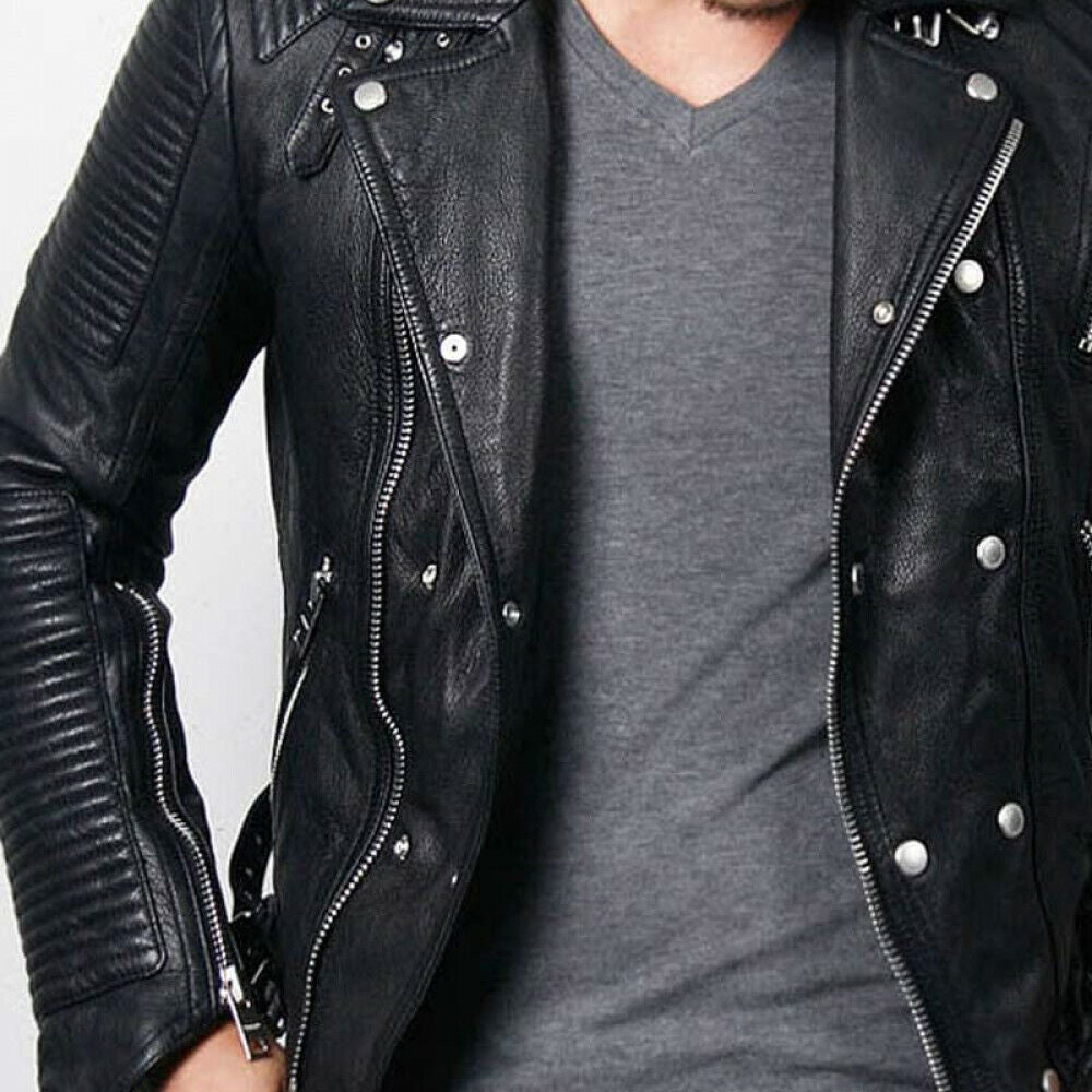 Men's Tumbled Black Leather Biker Jacket - Studded Jacket