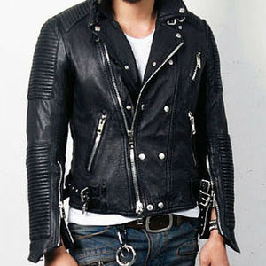 Men's Tumbled Black Leather Biker Jacket - Studded Jacket