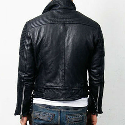 Men's Tumbled Black Leather Slim Fit Moto Studded Biker Motorcycle Jacket