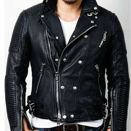 Men's Tumbled Black Leather Biker Jacket - Studded Jacket - Fashion Leather Jackets USA - 3AMOTO