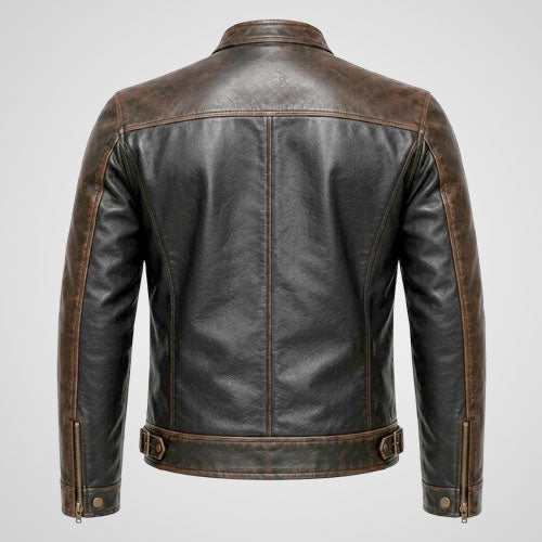 black and distressed brown leather motorcycle jacket