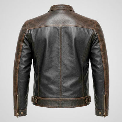 black and distressed brown leather motorcycle jacket