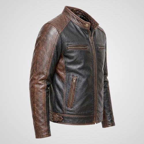 Men’s genuine leather biker jacket with snap-tab stand-up collar