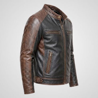 Men’s genuine leather biker jacket with snap-tab stand-up collar