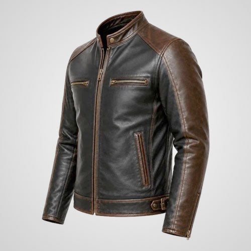 Two-tone leather motorcycle jacket with zippered chest pockets