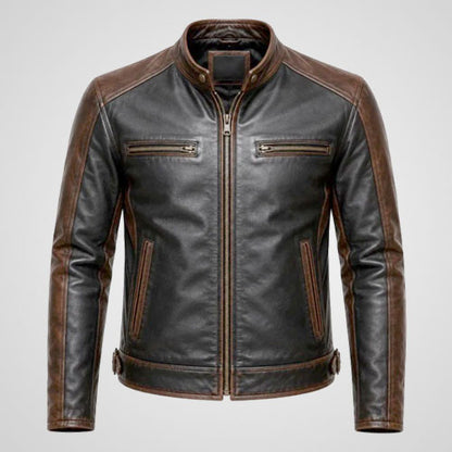Men’s two-tone genuine leather biker jacket in black and brown