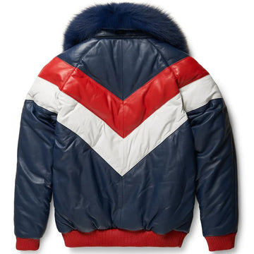 MEN V BOMBER- NAVY BLUE (OFF WHITE FUR) – DaRucci Leather