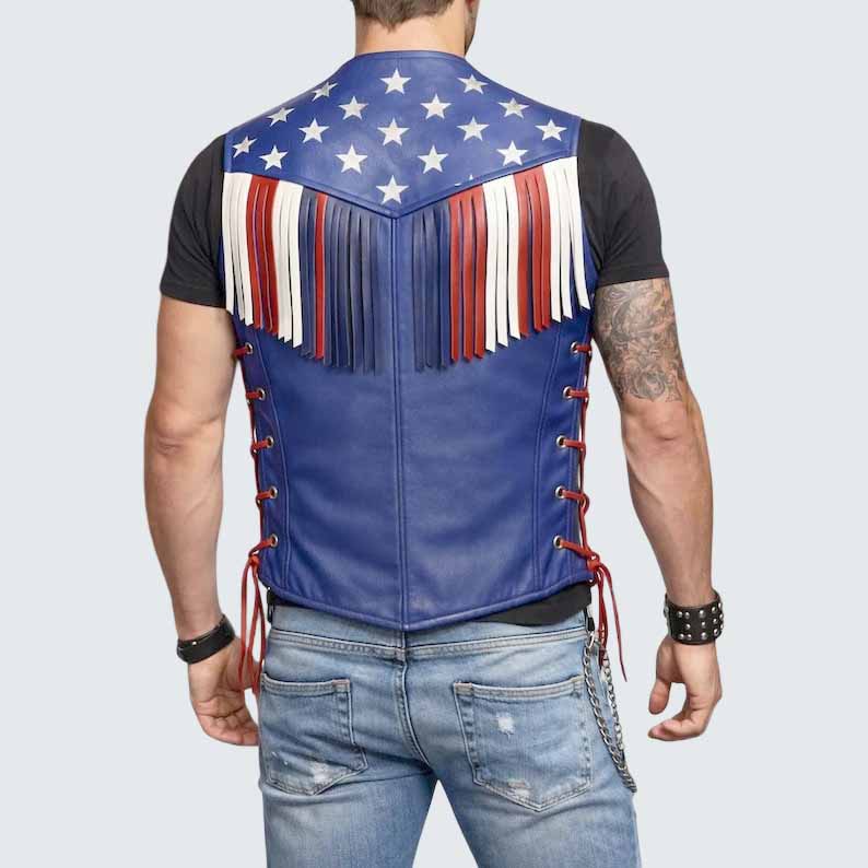 Men's USA Flag Leather Vest in Red White Blue with Western Fringe