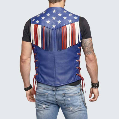Men's USA Flag Leather Vest in Red White Blue with Western Fringe
