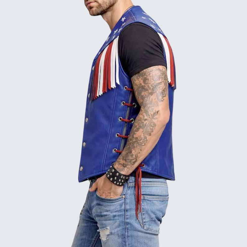Men's USA Flag Leather Vest in Red White Blue with Western Fringe