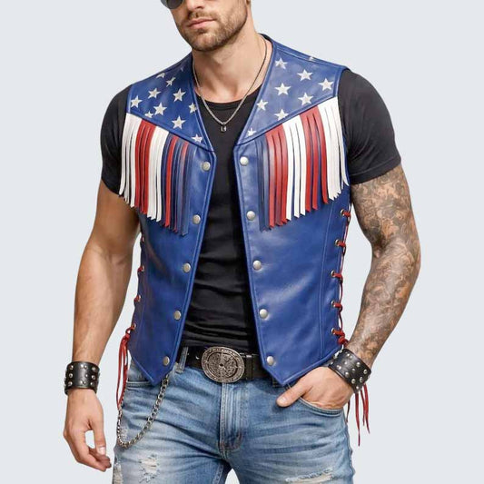 Men's USA Flag Leather Vest in Red White Blue with Western Fringe - 3amoto shop