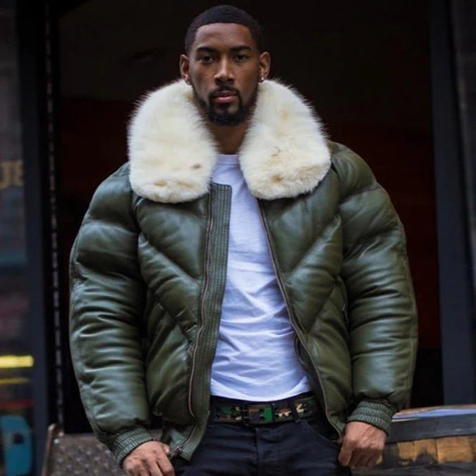 Men's V Bomber Jacket - Money Green (Off White Fur)