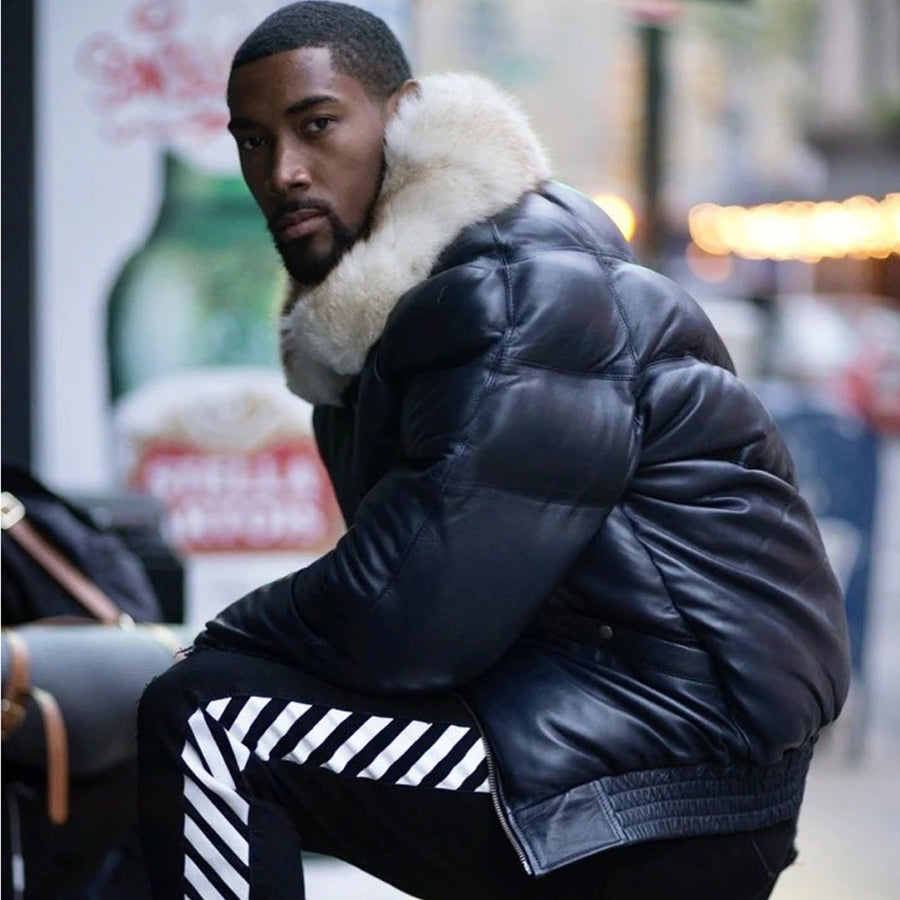 Men's V Bomber Jacket - Navy Blue (Off White Fur)