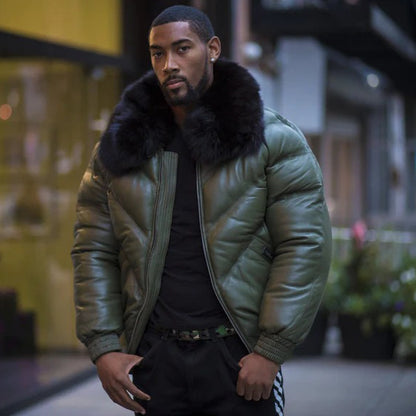 Men's V Bomber Jacket - Olive Green (Black Fur)