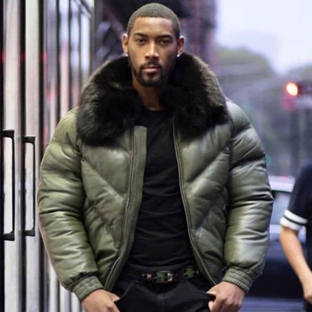 Men's V Bomber Jacket - Olive Green (Black Fur)