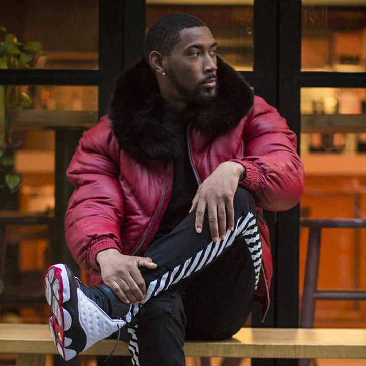 Men's V Bomber Jacket in Red with Black Fur