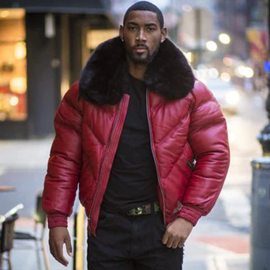 Men's V Bomber Jacket in Red with Black Fur - Fashion Leather Jackets USA - 3AMOTO