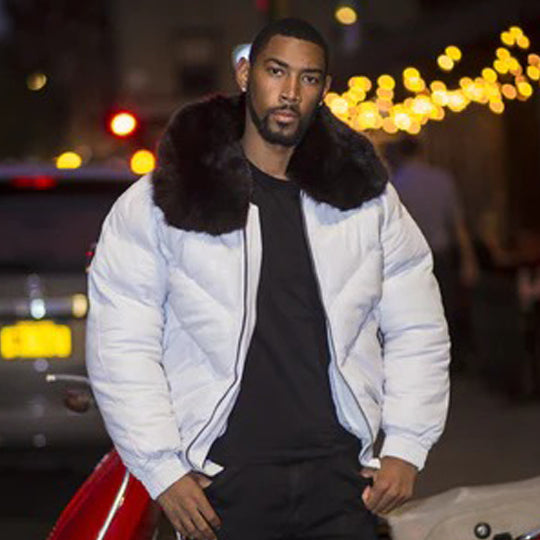 Men's V Bomber Jacket - White (Black Fur)