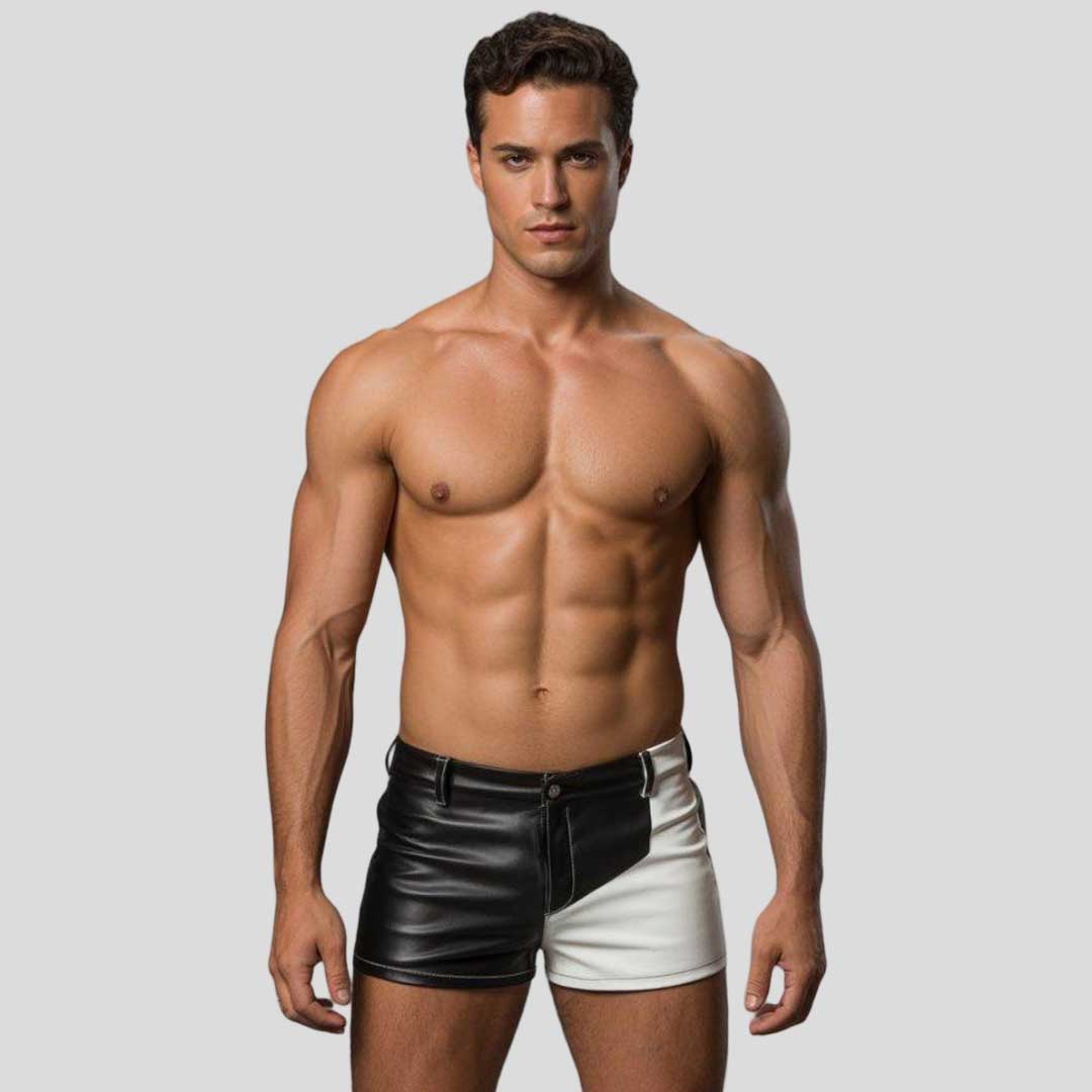 Men’s Two Tone Vegan Leather Biker Shorts Slim Fit