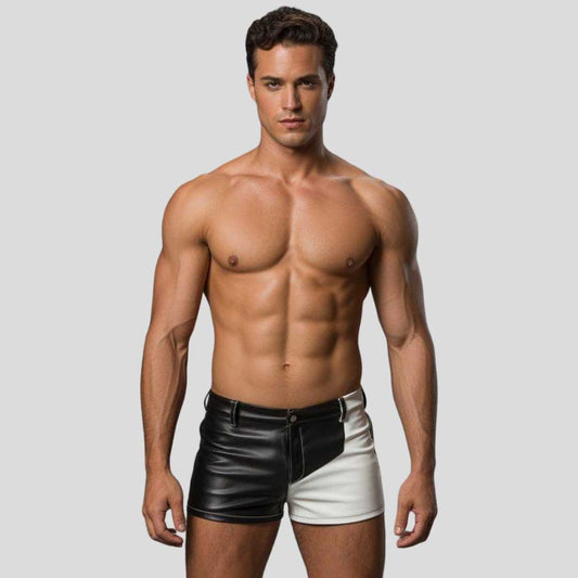 Men’s Two Tone Vegan Leather Biker Shorts Slim Fit - 3amoto shop