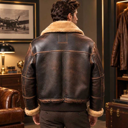 men's brown B3 RAF pilot jacket with plush shearling collar.