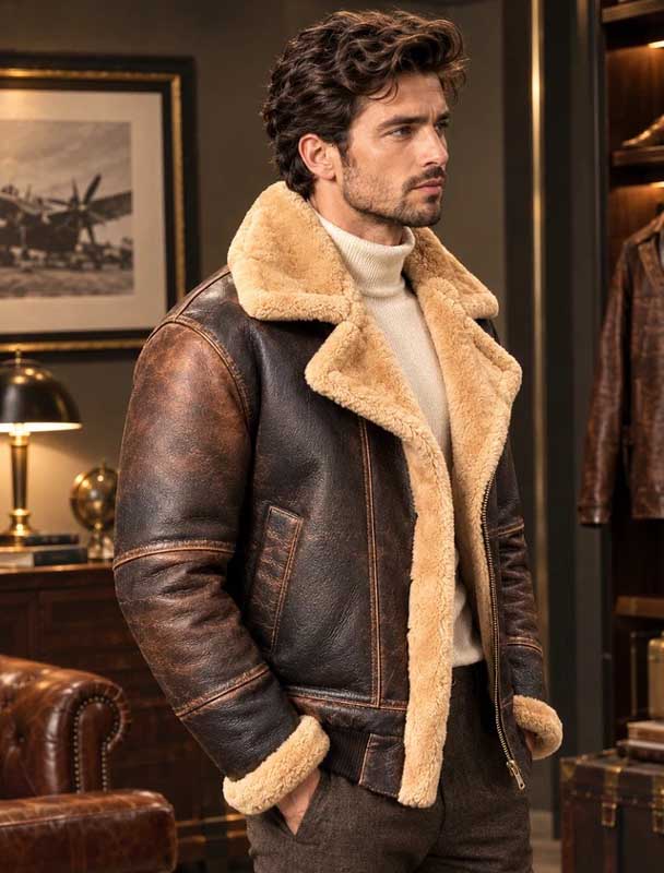 Men's vintage brown aviator jacket featuring a warm shearling lining.
