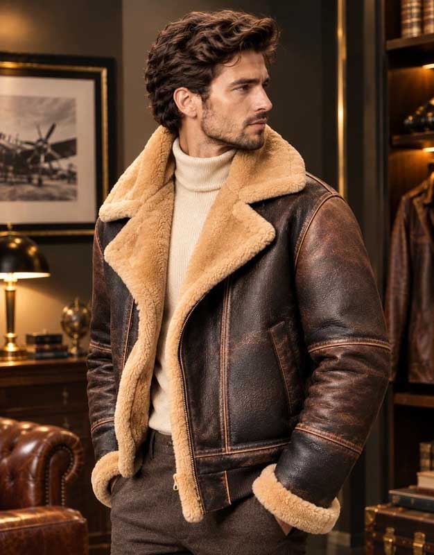 Classic B3 bomber jacket with full front zipper and shearling cuffs.