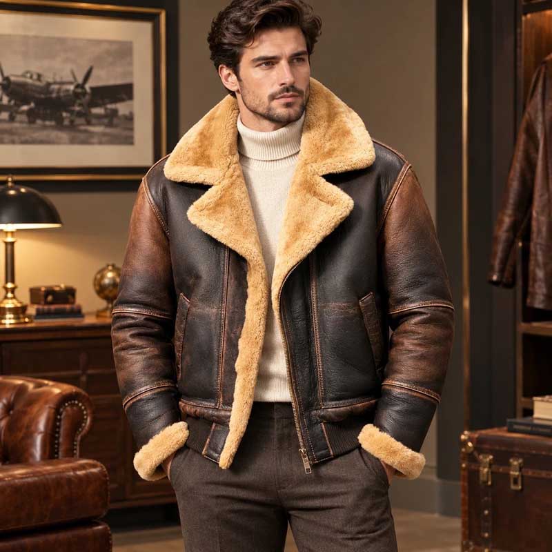 Men's vintage B3 RAF brown shearling leather bomber aviator jacket.