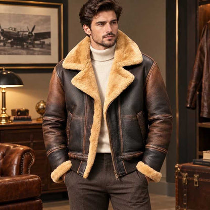 Men's vintage B3 RAF brown shearling leather bomber aviator jacket.