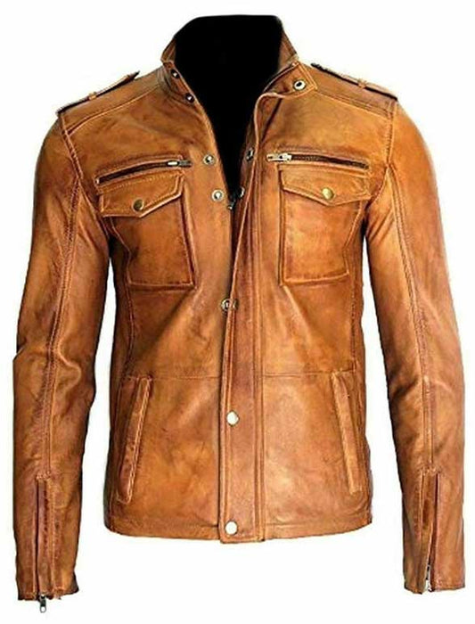Men's vintage brown cafe racer leather jacket by 3AMOTO - 3amoto shop