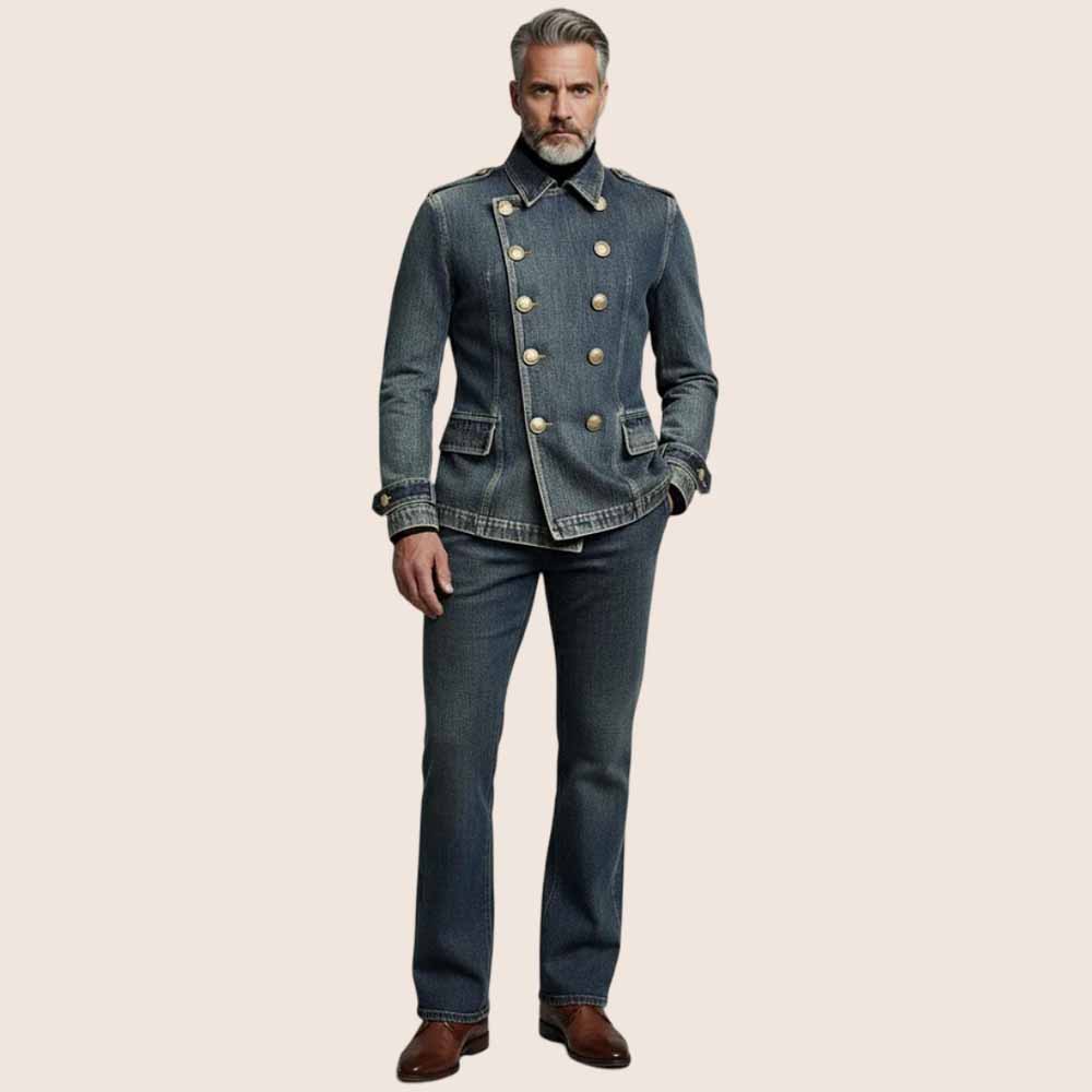 Mens Vintage Dark Blue Shirt Collar Long Sleeve Double Breasted Denim Jacket