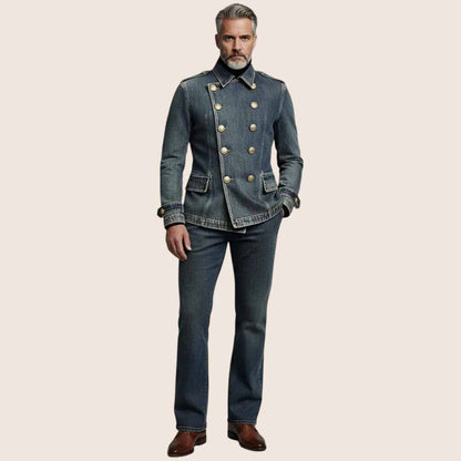 Mens Vintage Dark Blue Shirt Collar Long Sleeve Double Breasted Denim Jacket