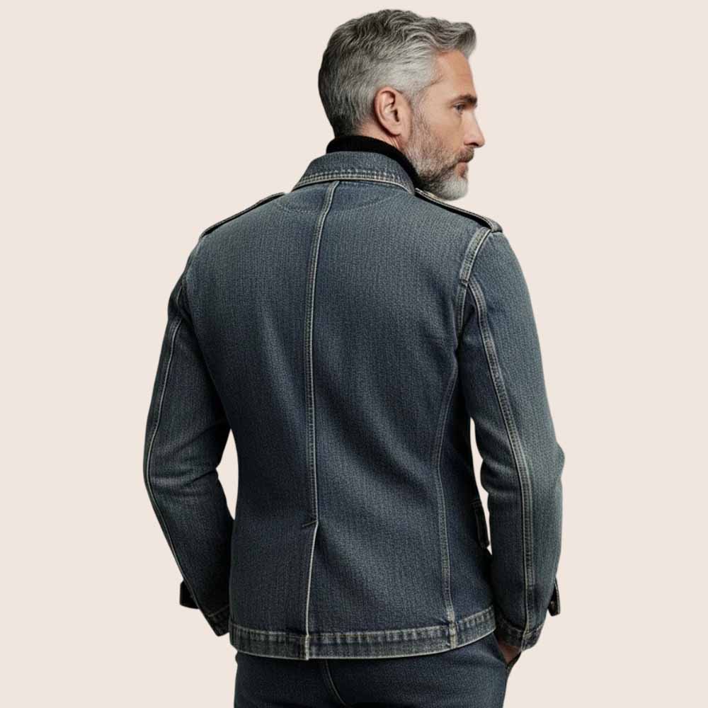 Mens Vintage Dark Blue Shirt Collar Long Sleeve Double Breasted Denim Jacket